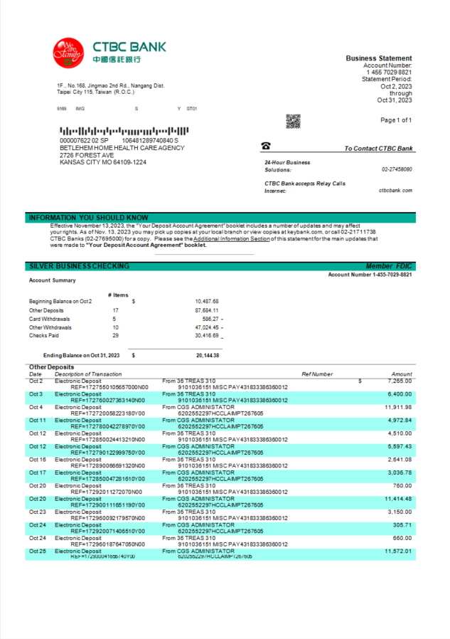 Modèle Word et PDF de déclaration d'entreprise de la CTBC Bank
